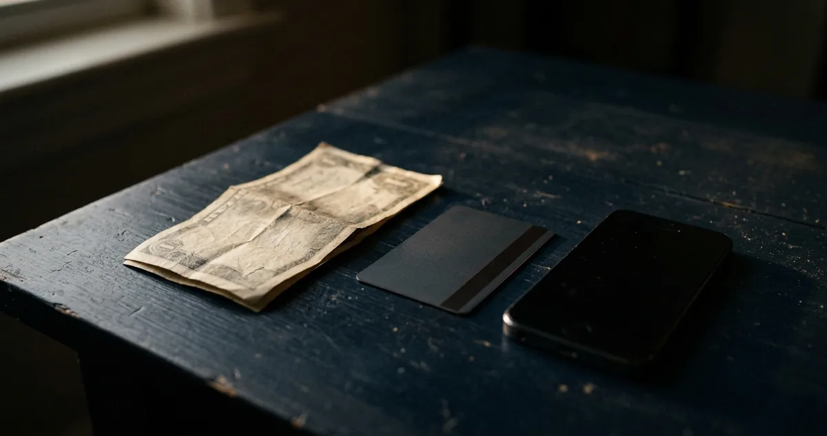 Boleto de aluguel dobrado sobre mesa escura ao lado de um cartão sem marca e de um celular apagado, sem pessoas.