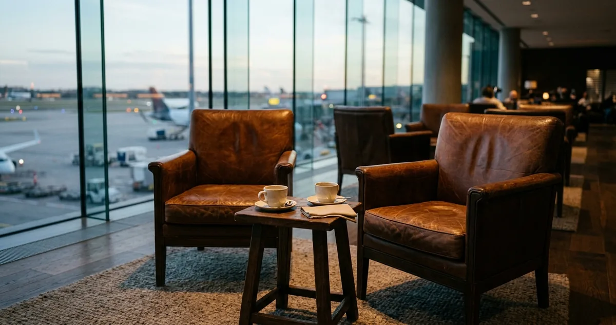 Poltronas vazias de sala vip de aeroporto com duas xícaras sobre a mesa lateral e janela ampla ao fundo, sem pessoas.