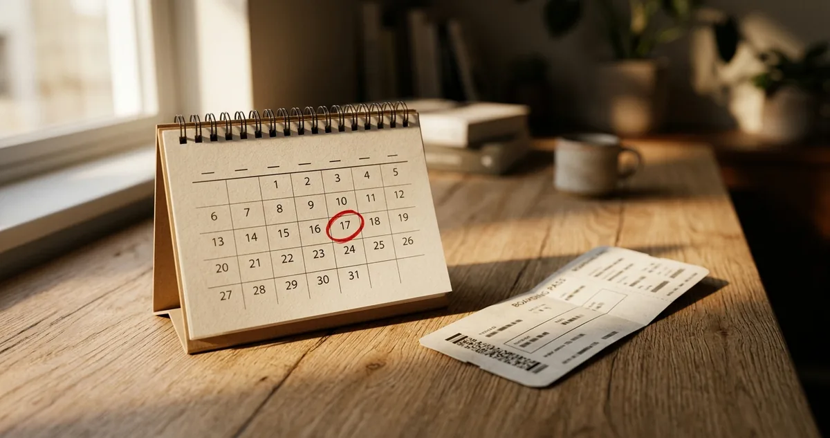 Calendário de mesa com uma data circulada em vermelho ao lado de um cartão de embarque impresso sobre madeira clara, sem pessoas.