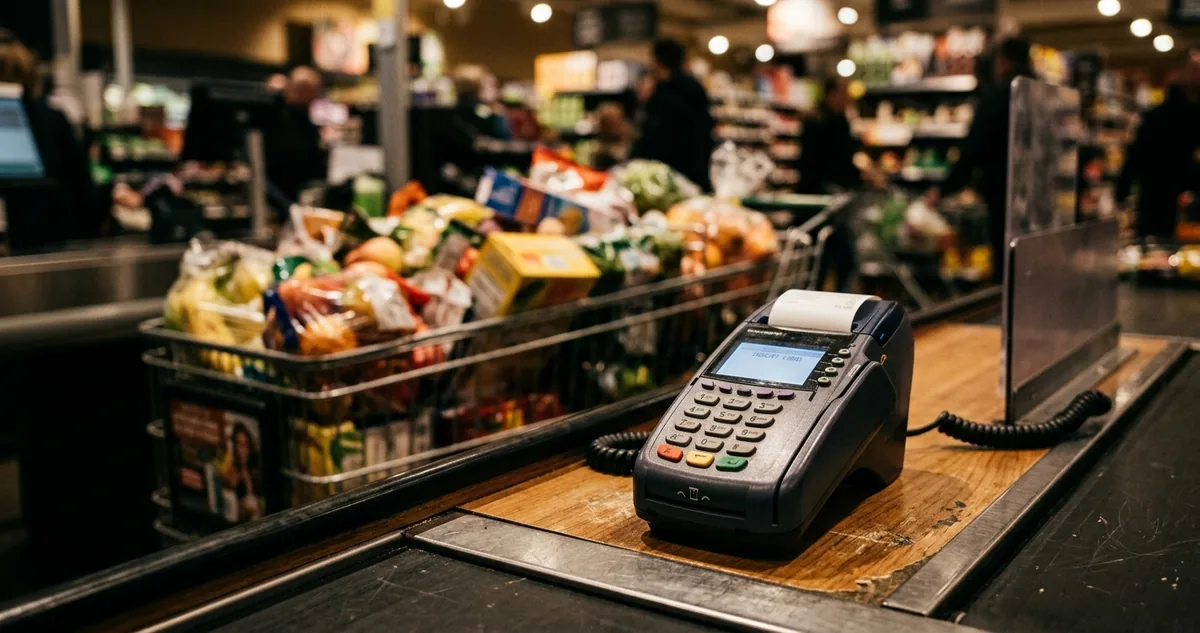 Carrinho de supermercado parado diante de um caixa fechado, com uma maquineta de cartão em foco e as prateleiras desfocadas ao fundo, sem pessoas.