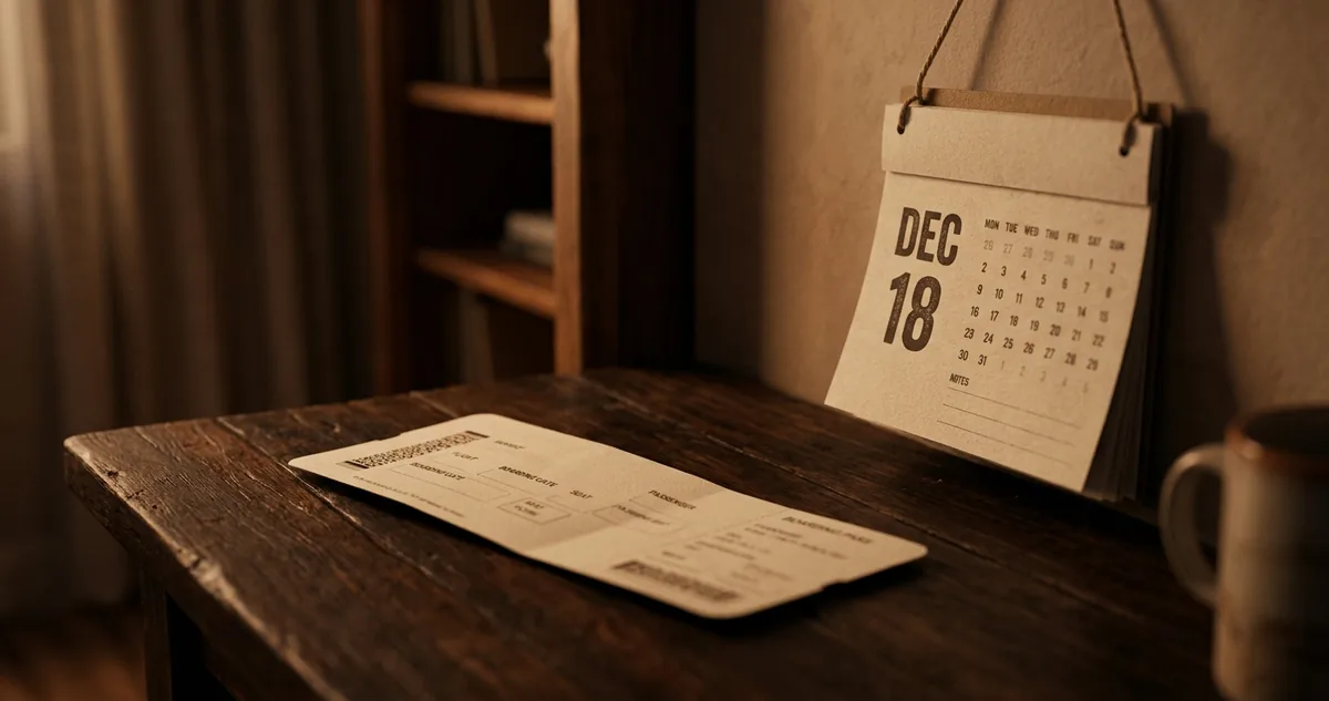 Cartão de embarque impresso sobre mesa escura ao lado de um calendário de parede, com a data em foco e o resto desfocado, sem pessoas.