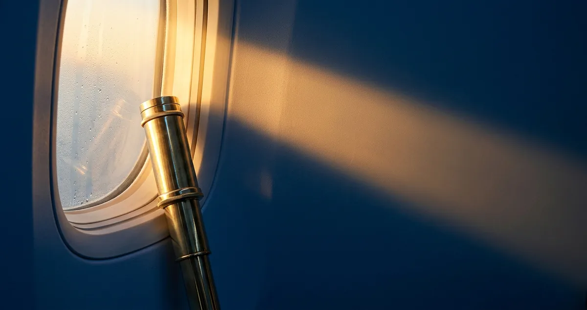 Luneta de latão e lente de farol sobre mesa azul profunda, feixe âmbar varrendo o quadro, sem pessoas