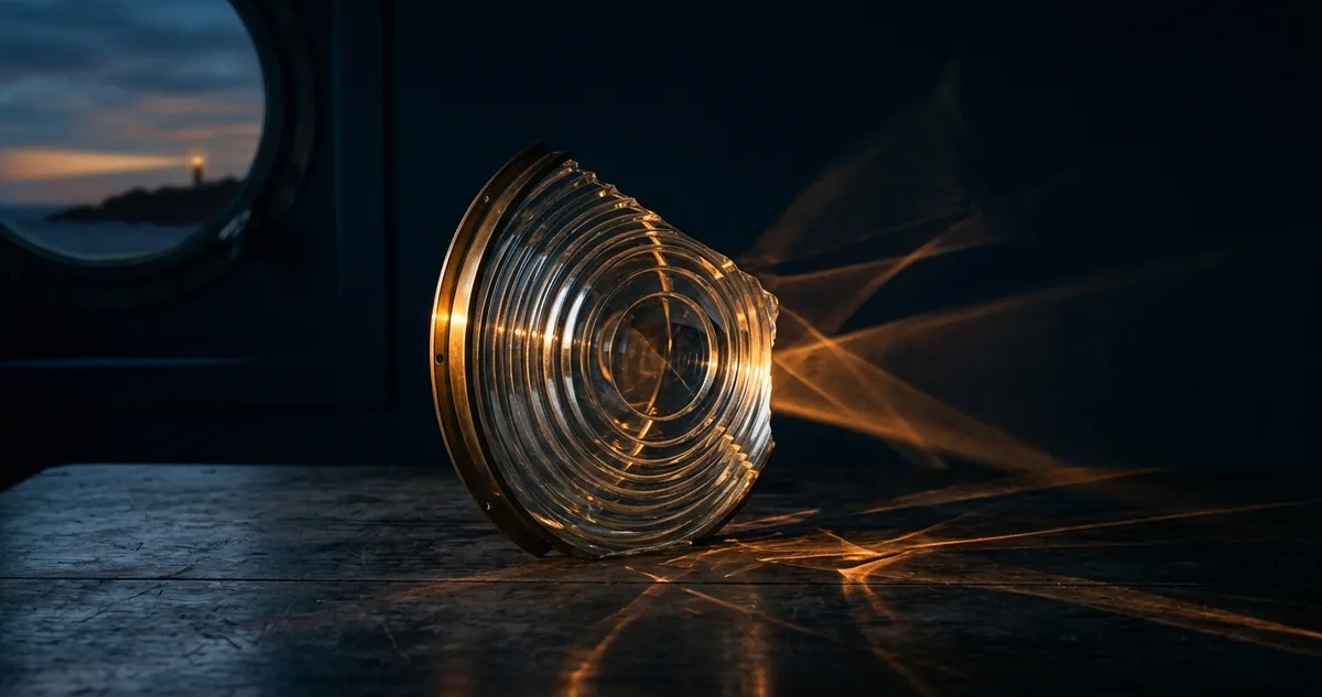 Calendário de mesa em latão ao lado de lente de farol sobre superfície azul profunda, feixe âmbar cruzando o quadro, sem pessoas