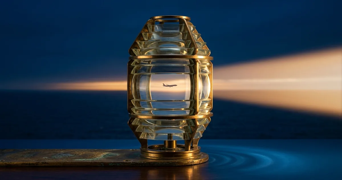Lente de farol com o feixe âmbar recuando sobre superfície azul profunda, sem pessoas
