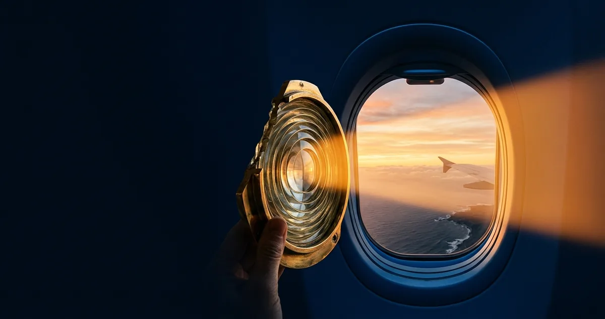 Lâmpada acesa ao lado de uma lente de farol âmbar sobre fundo azul profundo