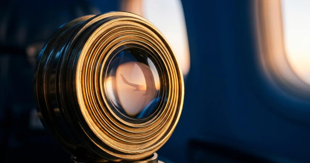 Cartão dourado ao lado de uma lente de farol sobre fundo azul profundo