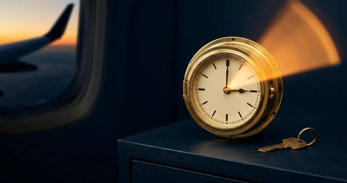 Relógio de mesa marcando 3h10 ao lado de um cartão de embarque e uma chave de casa sob luz de abajur