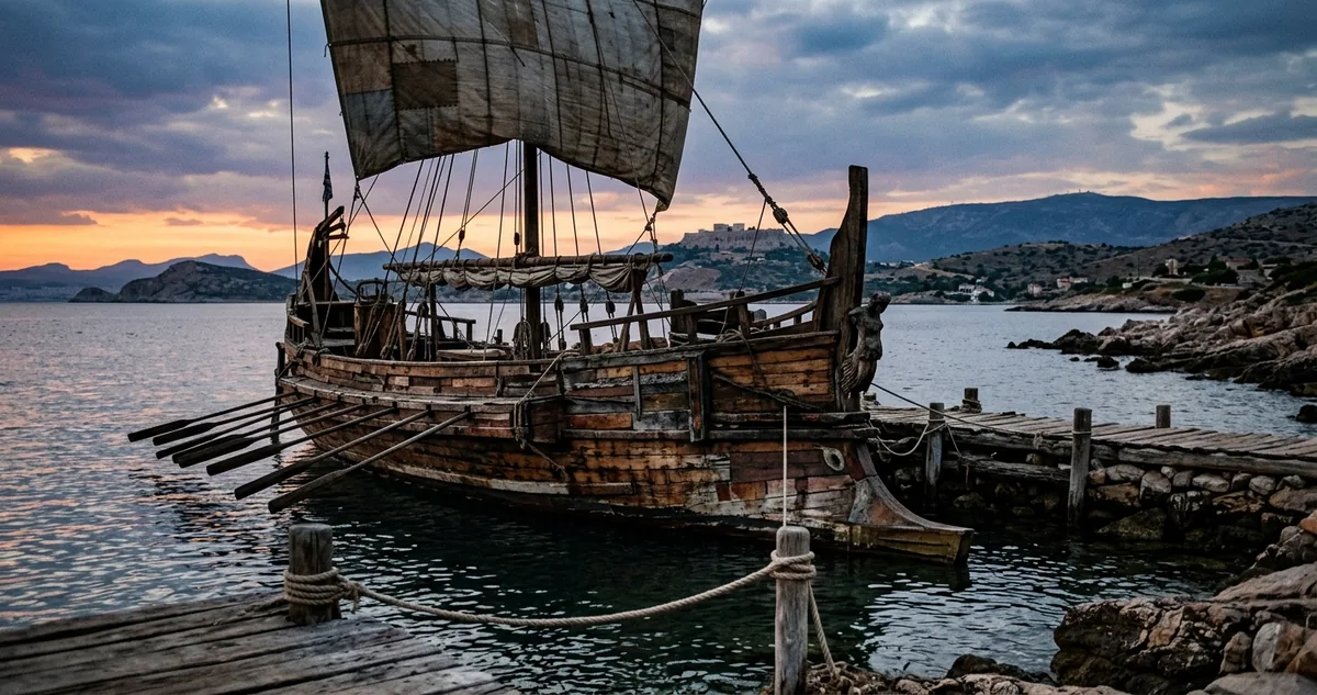 Um casco de navio grego encostado no cais, com tábuas claras recém-encaixadas entre as tábuas escurecidas pelo sal.