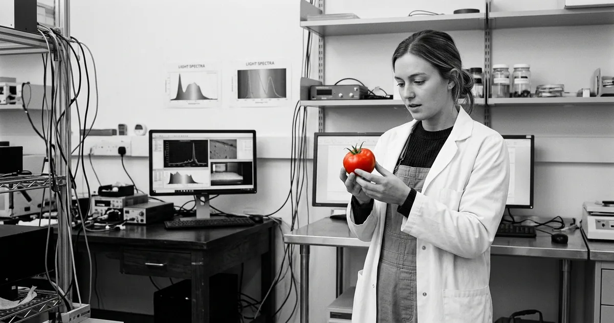 Uma mão sai de uma sala cinza e segura um tomate vermelho maduro diante da parede sem cor.