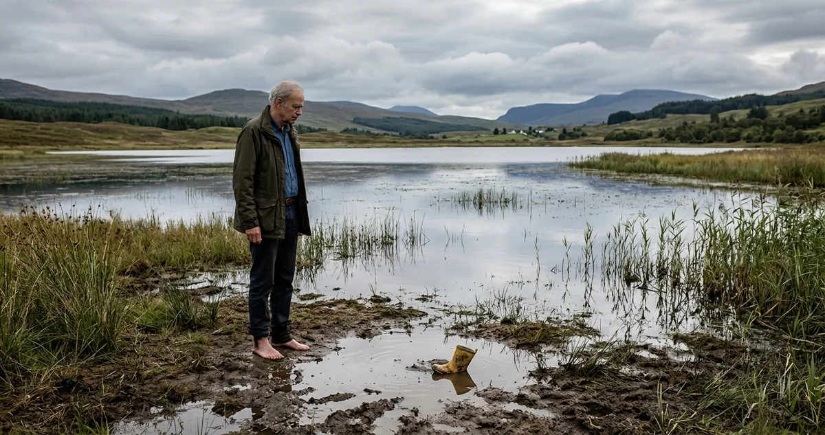Um homem de terno parado na margem de um lago raso ao amanhecer, olhando para a água baixa.