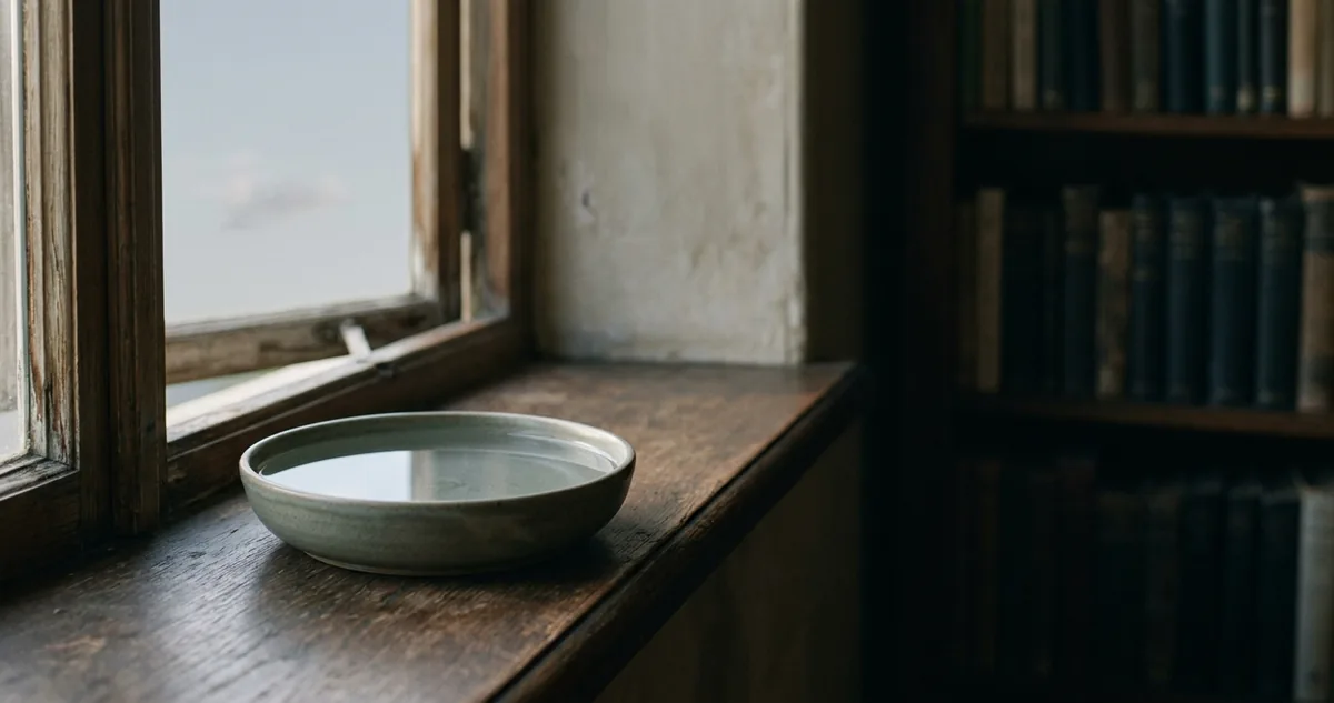 Uma folha de papel em branco sobre uma mesa de madeira, ao lado de um tinteiro aberto.