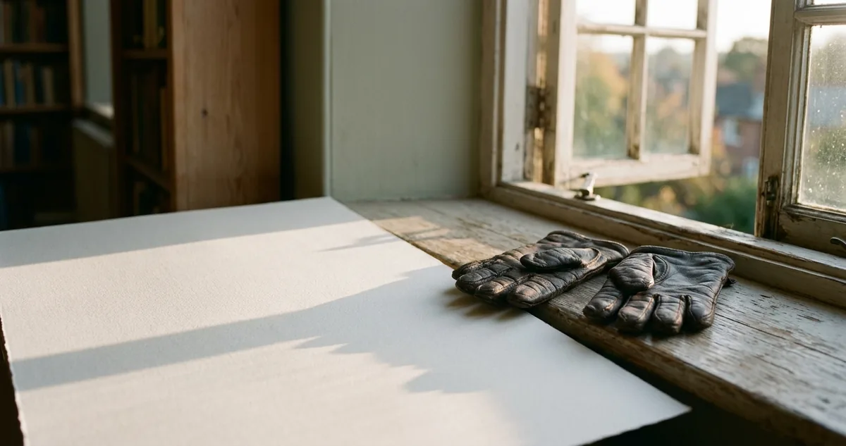 Uma cadeira de palha vazia junto à janela, com a luz lateral do fim da tarde atravessando o papel fosco.