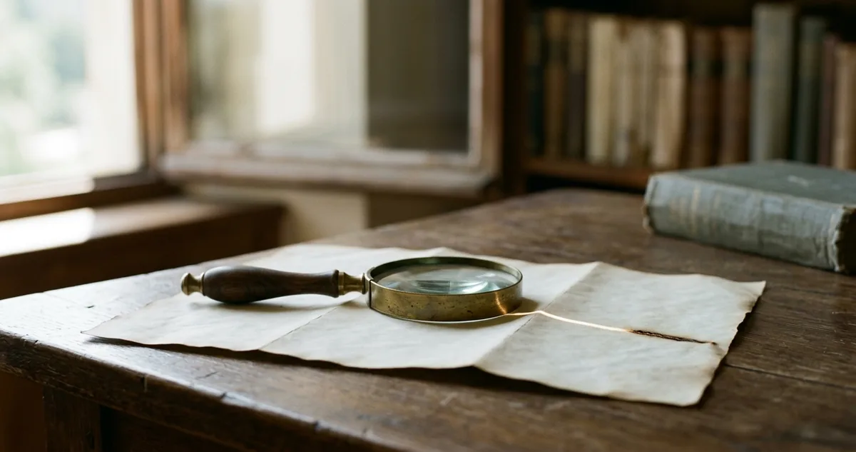 Manuscrito árabe aberto sobre uma mesa de madeira, sob a luz de uma janela em arco.