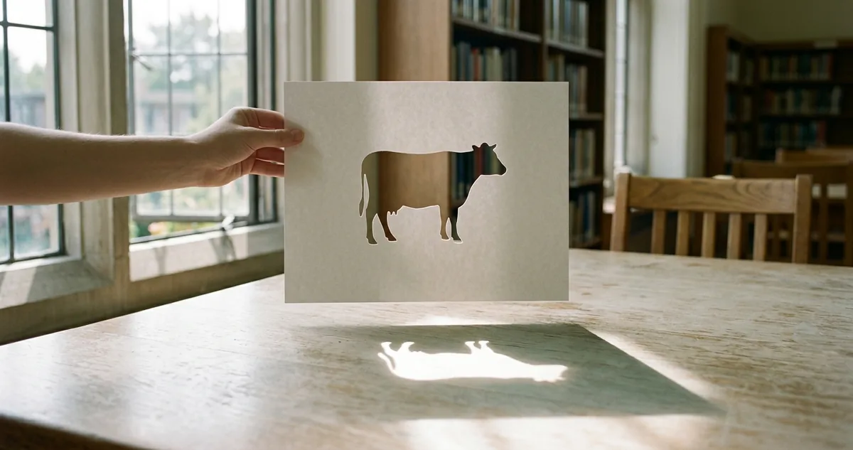 Três vacas diferentes num pasto indiano ao entardecer, recortadas por uma linha de tesoura no ar.