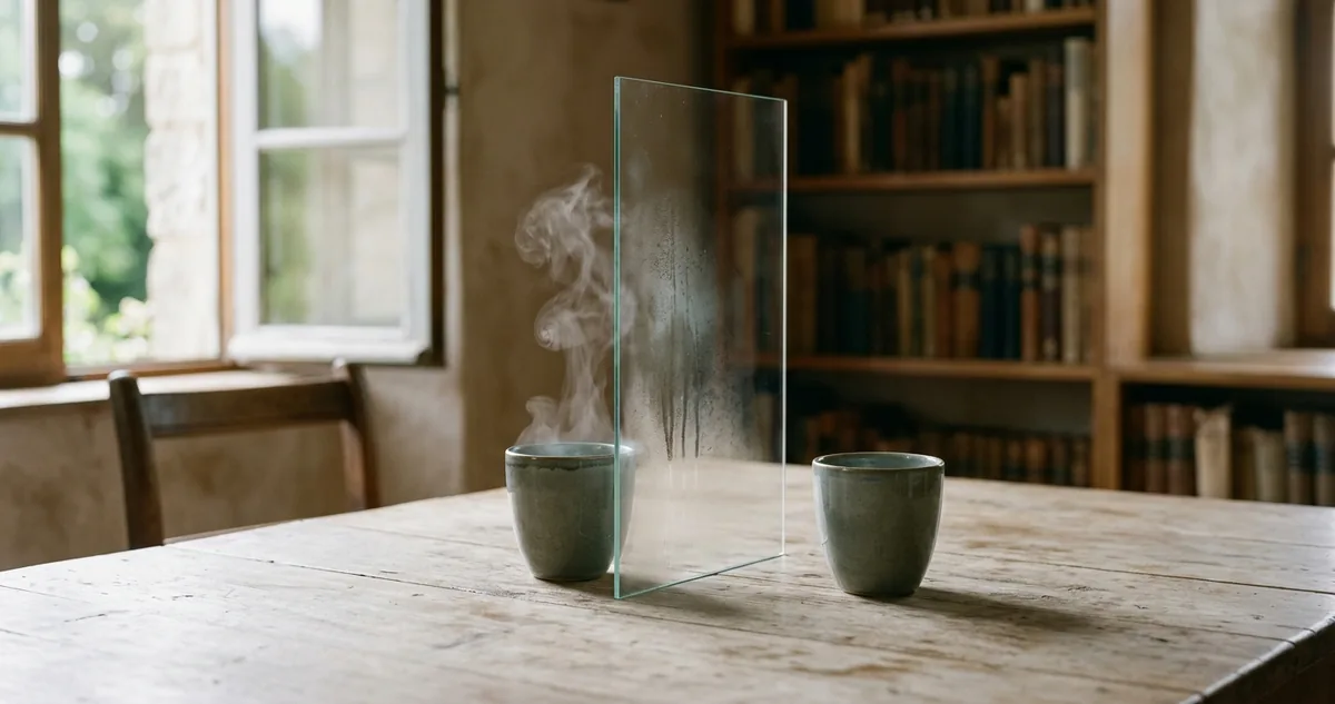 Duas mãos próximas sobre uma mesa de madeira, sem se tocar, sob a luz de uma janela.