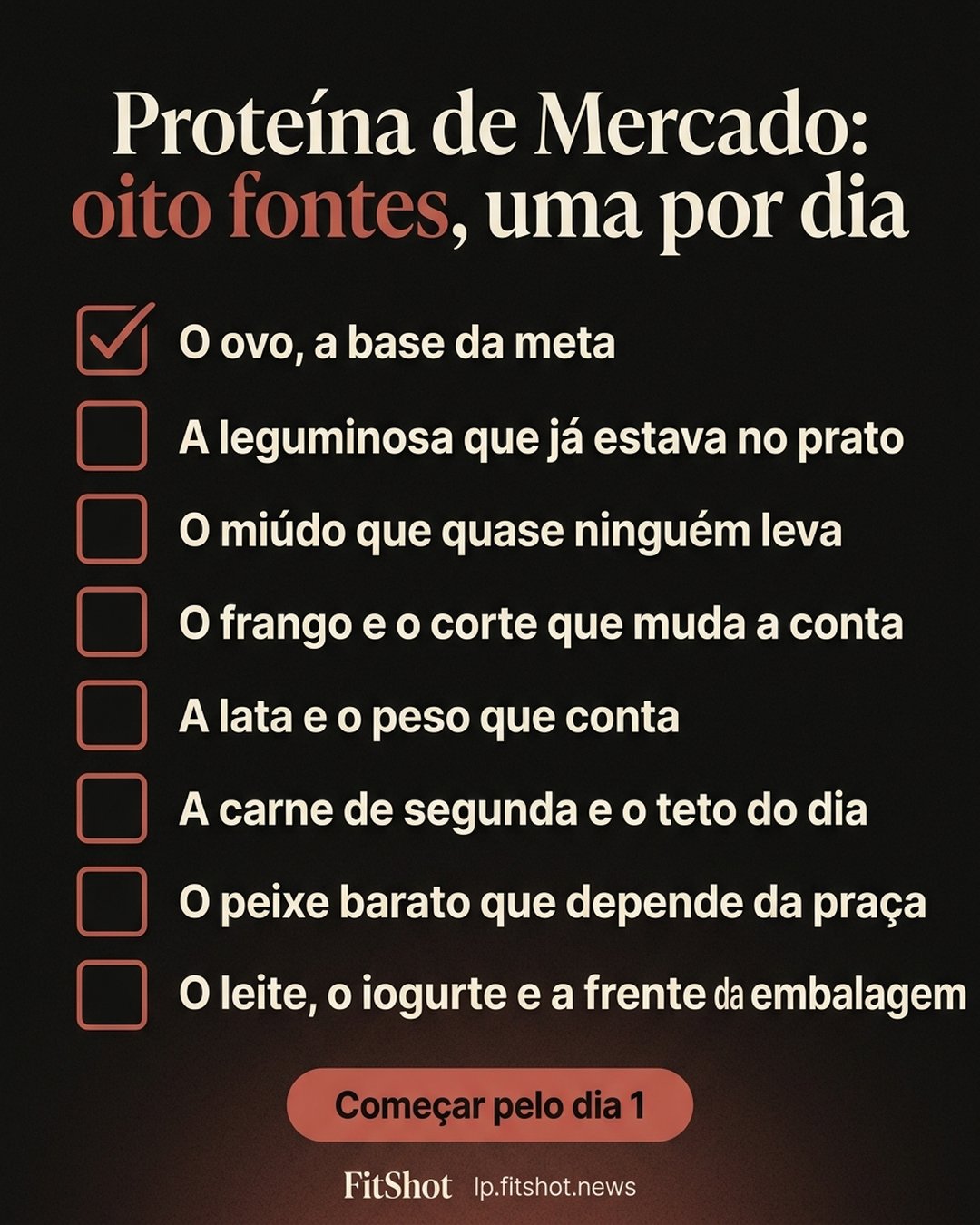 Proteína de Mercado: oito fontes, uma por dia: O ovo, a base da meta, A leguminosa que já estava no prato, O miúdo que quase ninguém leva, O frango e o corte que muda a conta, A lata e o peso que conta, A carne de segunda e o teto do dia, O peixe barato que depende da praça, O leite, o iogurte e a frente da embalagem. Começar pelo dia 1.