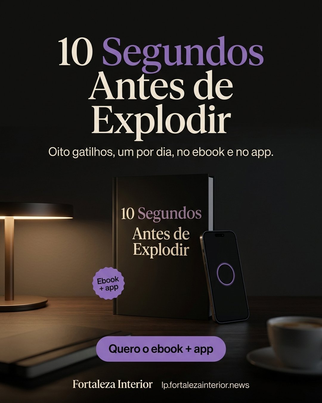 10 Segundos Antes de Explodir. Oito gatilhos, um por dia, no ebook e no app. Quero o ebook + app.