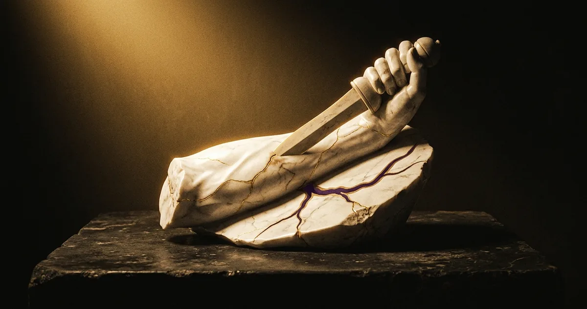 Espada romana cravada e marmore com luz dourada austera