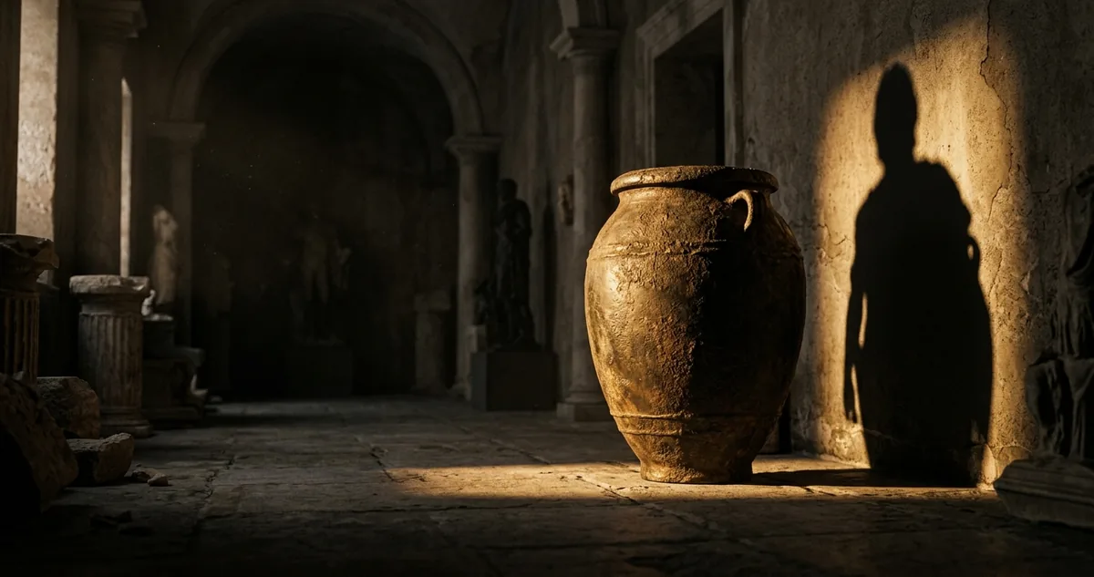 Tina de barro ao sol num pátio de Corinto, sombra de uma figura cortando a luz dourada