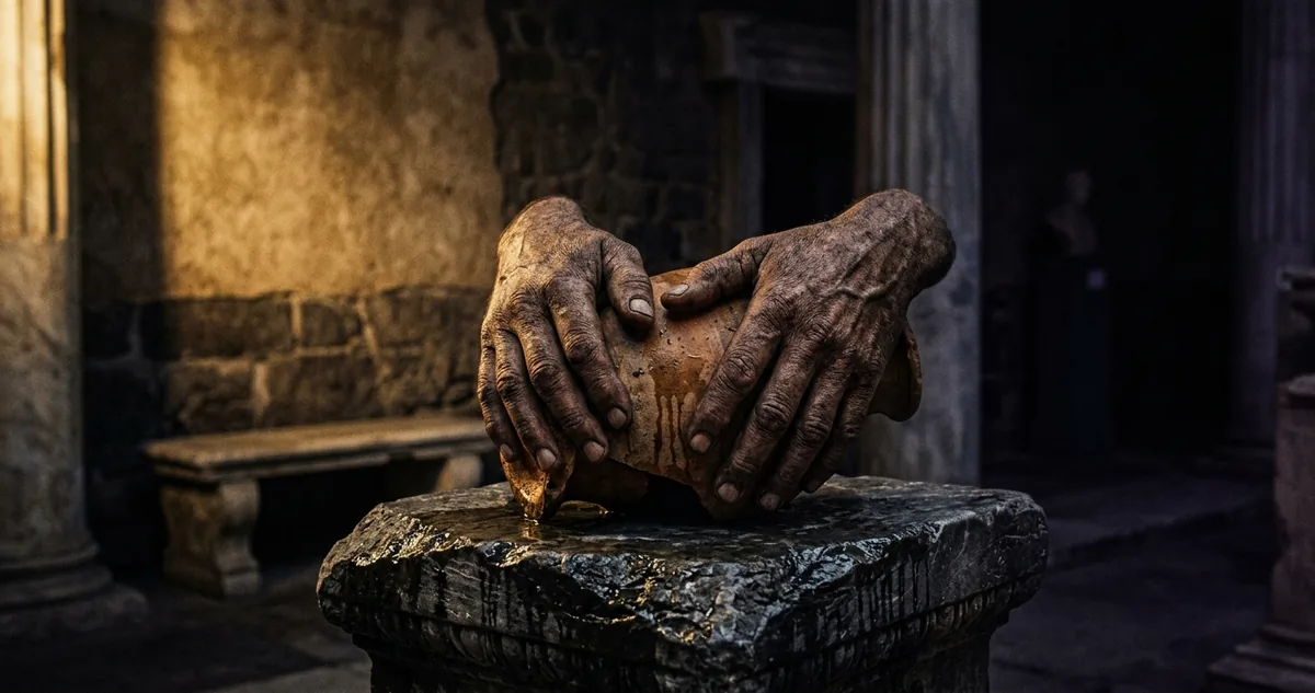Balde de bronze e mãos calejadas sob luz dourada austera