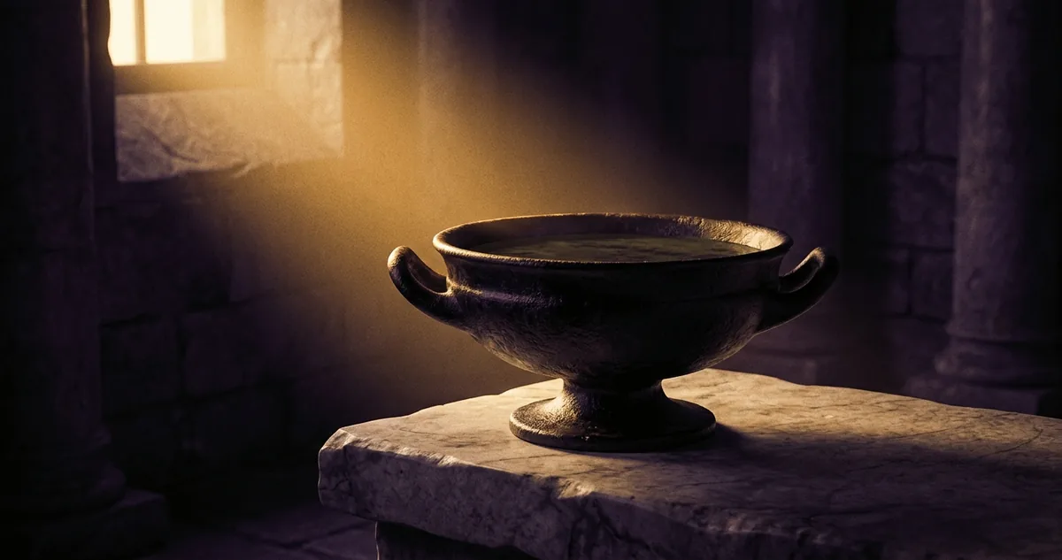 Taça de barro com o veneno sobre uma mesa de pedra, ao lado de uma porta de cela entreaberta sob luz austera