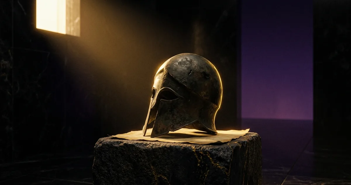 Uma coroa de louros de bronze pousada e abandonada sobre um trono de pedra vazio, sob luz dourada direcional, cidade siciliana ao fundo