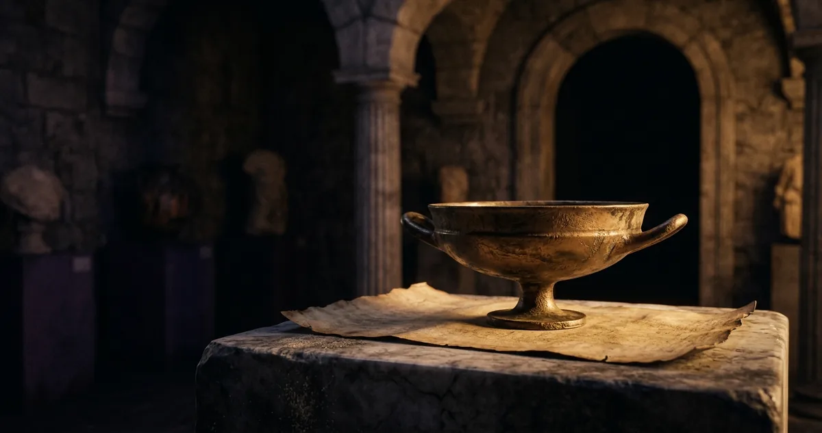 Taça de bronze com veneno escuro sobre mármore, sob luz dourada direcional
