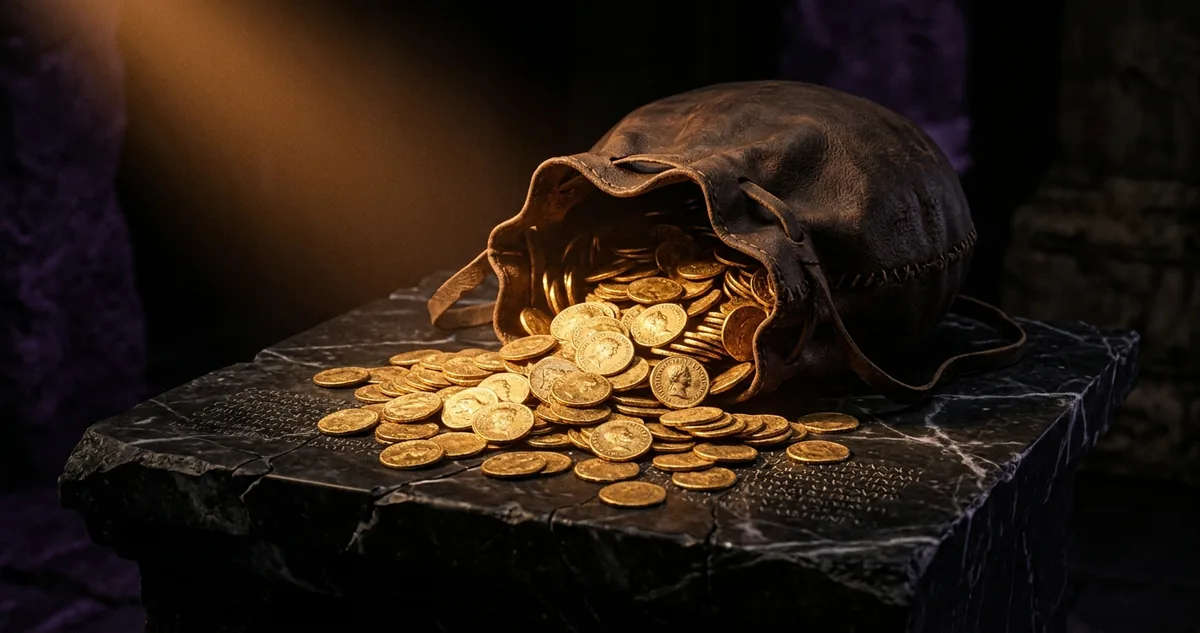 Moedas de ouro romanas empilhadas sobre mármore escuro sob luz dourada direcional