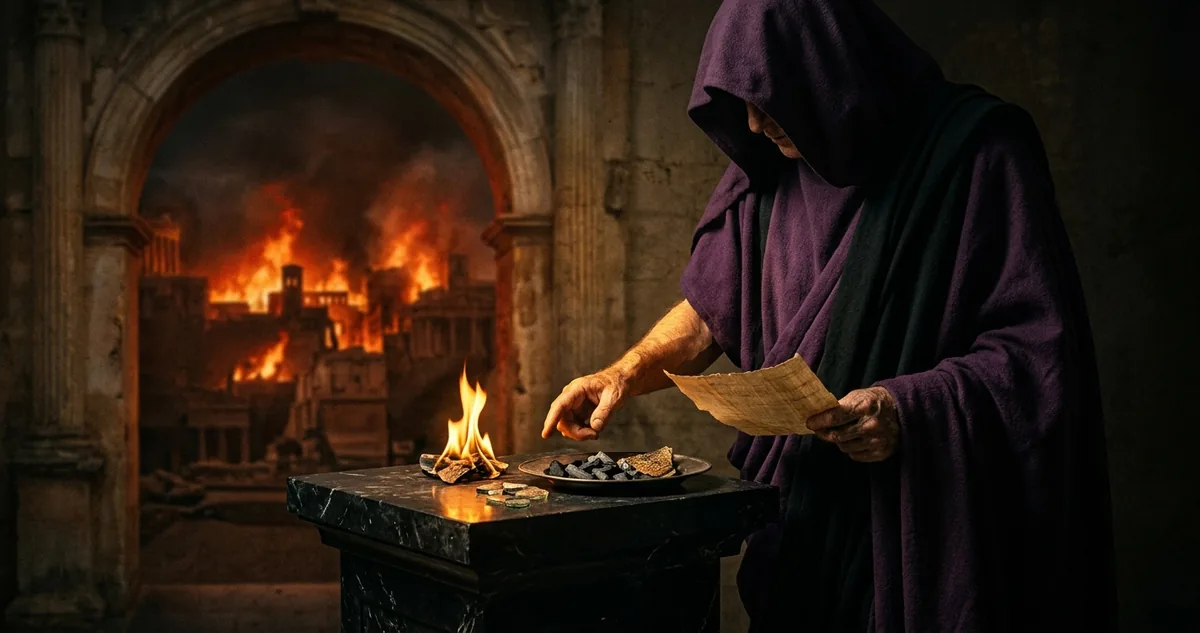 Júnio Rústico em pé em meio ao grande incêndio de Roma, sereno enquanto a cidade arde ao redor