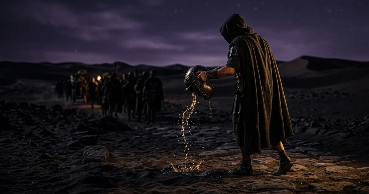 Catão vira na areia o capacete com a única água encontrada na travessia do deserto da Líbia, diante da coluna de soldados, em 47 a.C.