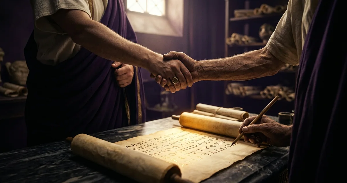 Atenodoro se despede de Augusto na corte romana deixando a instrução de recitar as 24 letras do alfabeto grego antes de agir sob raiva, por volta de 20 a.C.