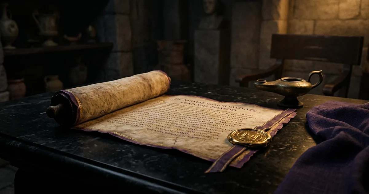 Na última noite em Útica, o romano Catão lê à luz de uma lâmpada o diálogo de Platão, com a espada pousada sobre a mesa ao lado.