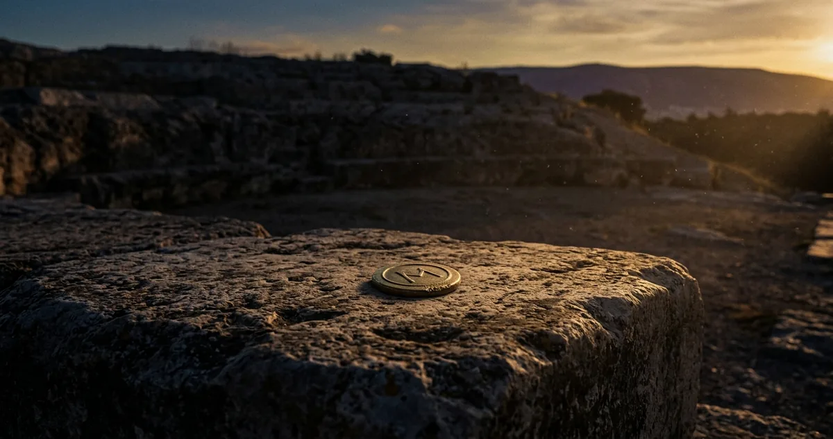 Uma ficha de votação de bronze pousada sobre a pedra do orador vazia da Pnyx, ao amanhecer.
