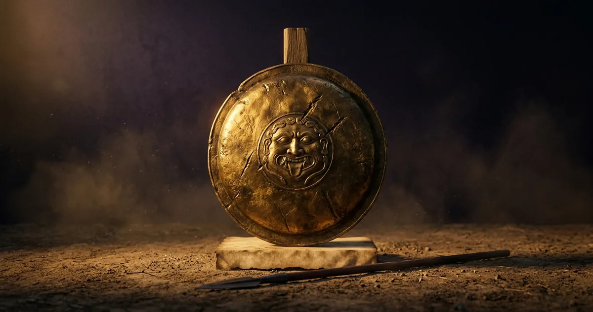 Um escudo hoplita de bronze apoiado na terra seca de uma planície ao entardecer, com poeira suspensa e lança caída ao lado.