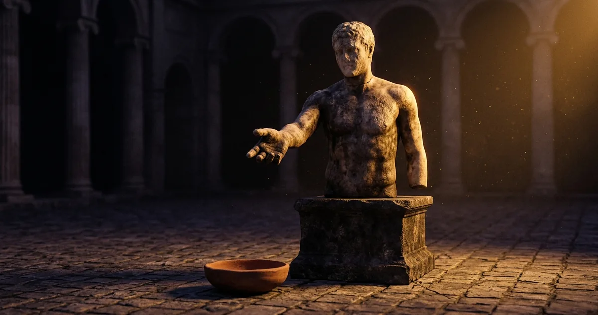 Uma estátua de mármore com a mão de pedra estendida numa praça vazia ao amanhecer, tigela de barro vazia ao pé do pedestal.