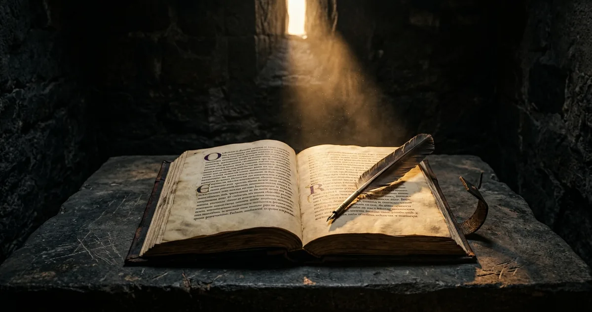 Códice manuscrito aberto sobre mesa de pedra numa cela, pena apoiada na página, luz vinda de uma fresta alta.