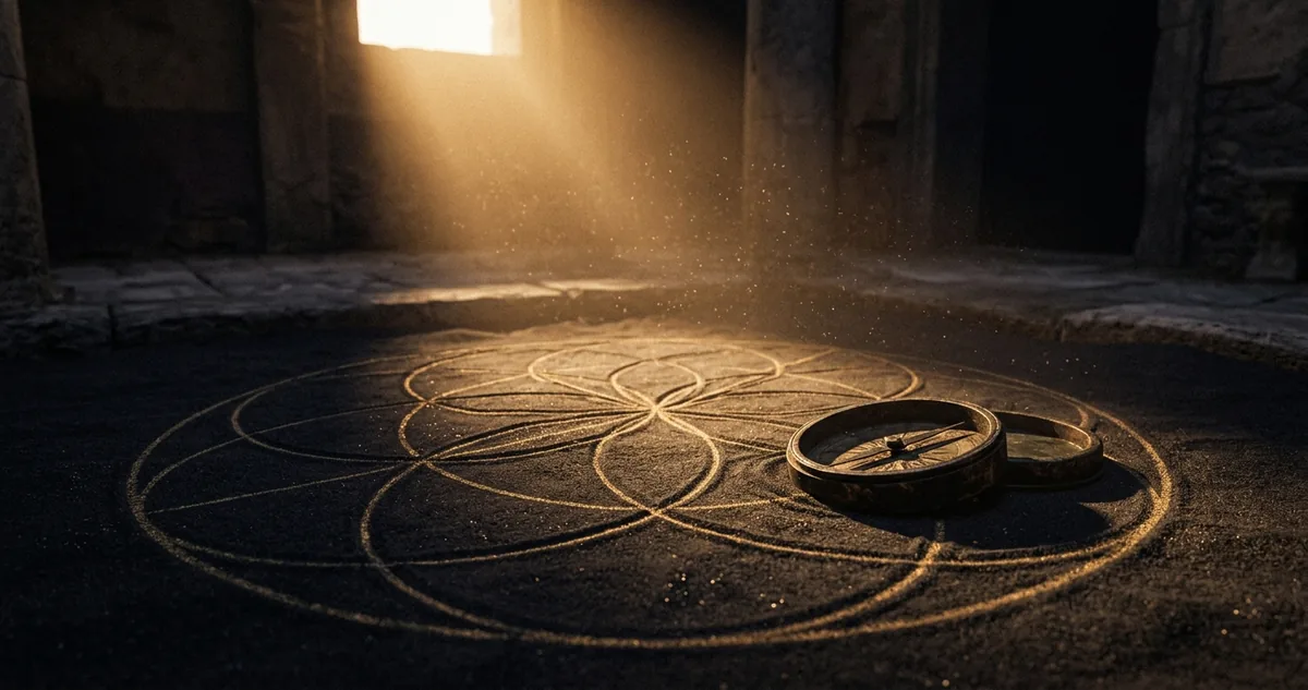 Circulos geometricos tracados na areia fina de um patio, com um compasso de bronze gasto pousado ao lado.