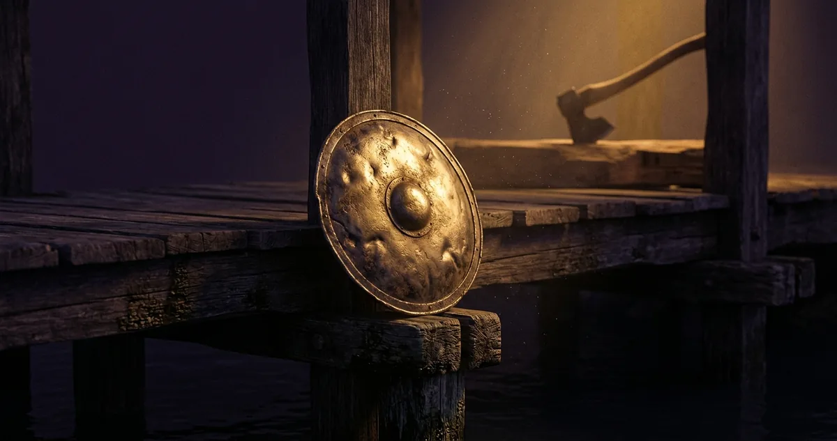Um escudo de bronze amassado apoiado nas tábuas da cabeceira de uma ponte de madeira sobre o Tibre.