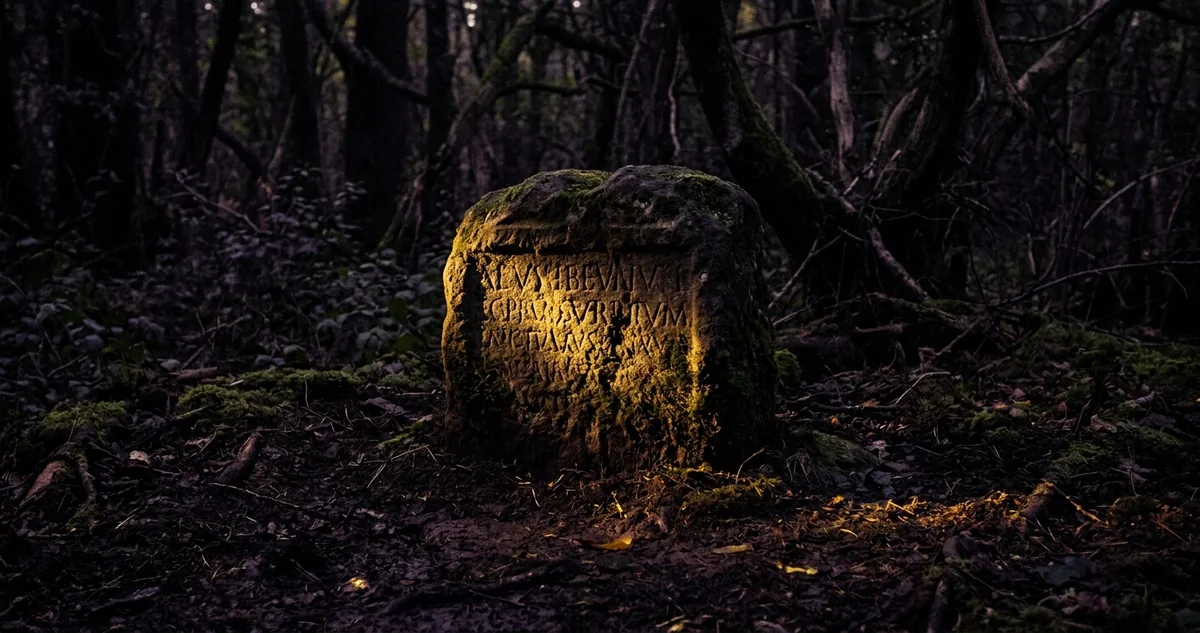 Estela de pedra gravada com linhas de lei em grego arcaico numa pra&ccedil;a vazia.