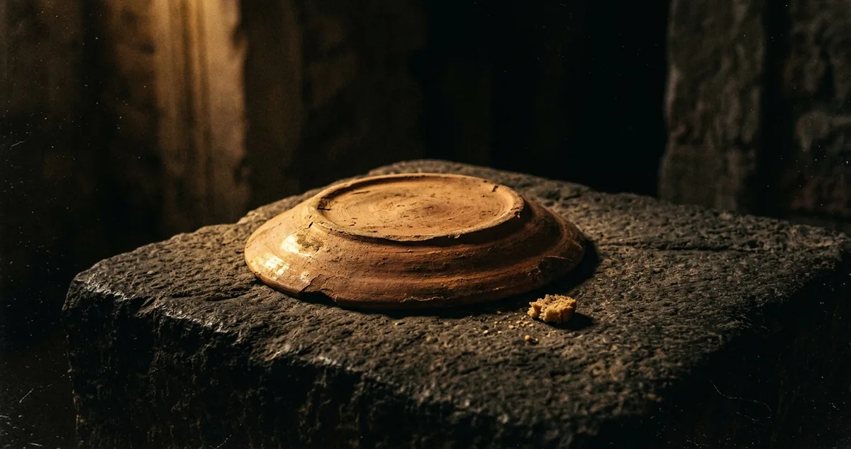 Rolo de pergaminho hebraico aberto sobre mesa de pedra, ao lado um prato de barro vazio e virado, sem figura humana.