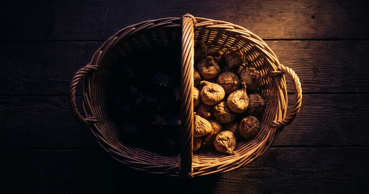 Cesto de vime cheio de figos secos escuros, aberto pela metade sobre tábuas de madeira gasta.
