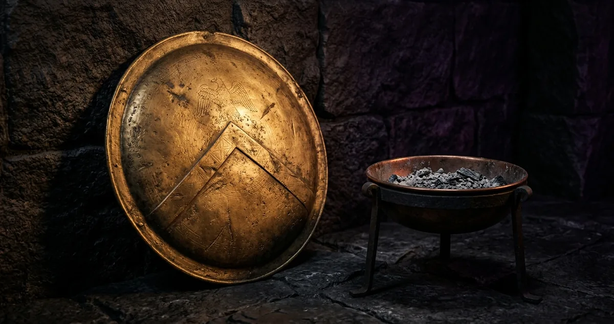 Escudo hoplita de bronze encostado na parede, ao lado de um braseiro apagado.