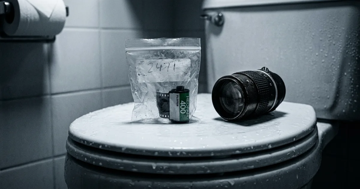 Um rolo de filme 35 mm num saco plástico transparente, apoiado na borda de porcelana de uma caixa d'água de banheiro, com uma lente teleobjetiva escura ao lado.
