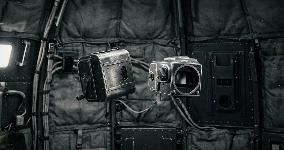 Um magazine de filme de 70 milímetros em metal escovado flutuando ao lado de uma câmera fotográfica prateada sem lente, no interior acolchoado e cinza de uma cápsula espacial.