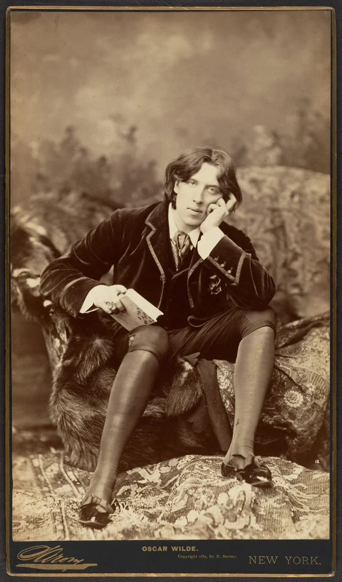 Oscar Wilde sentado num sofá coberto de pele e brocado, com a mão no rosto e um livro na outra mão, no retrato nº 18 de Napoleon Sarony, Nova York, 1882.