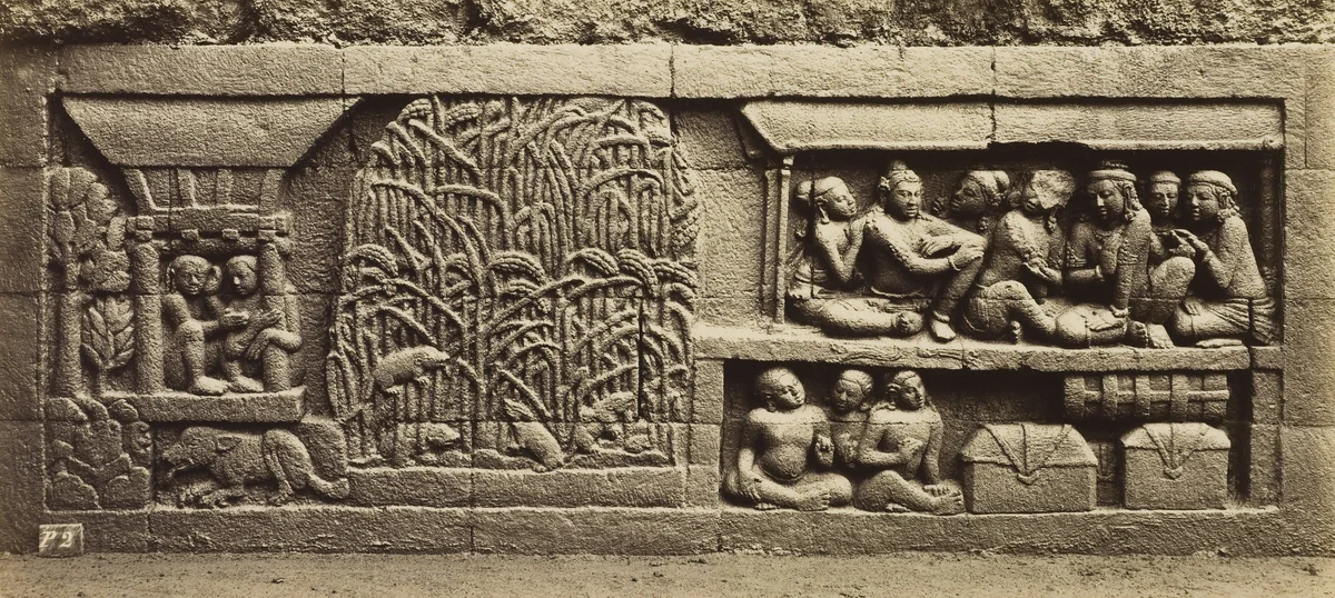 Fotografia de Kassian Cephas, 1890-1891: relevo esculpido da base escondida de Borobudur, em Java
