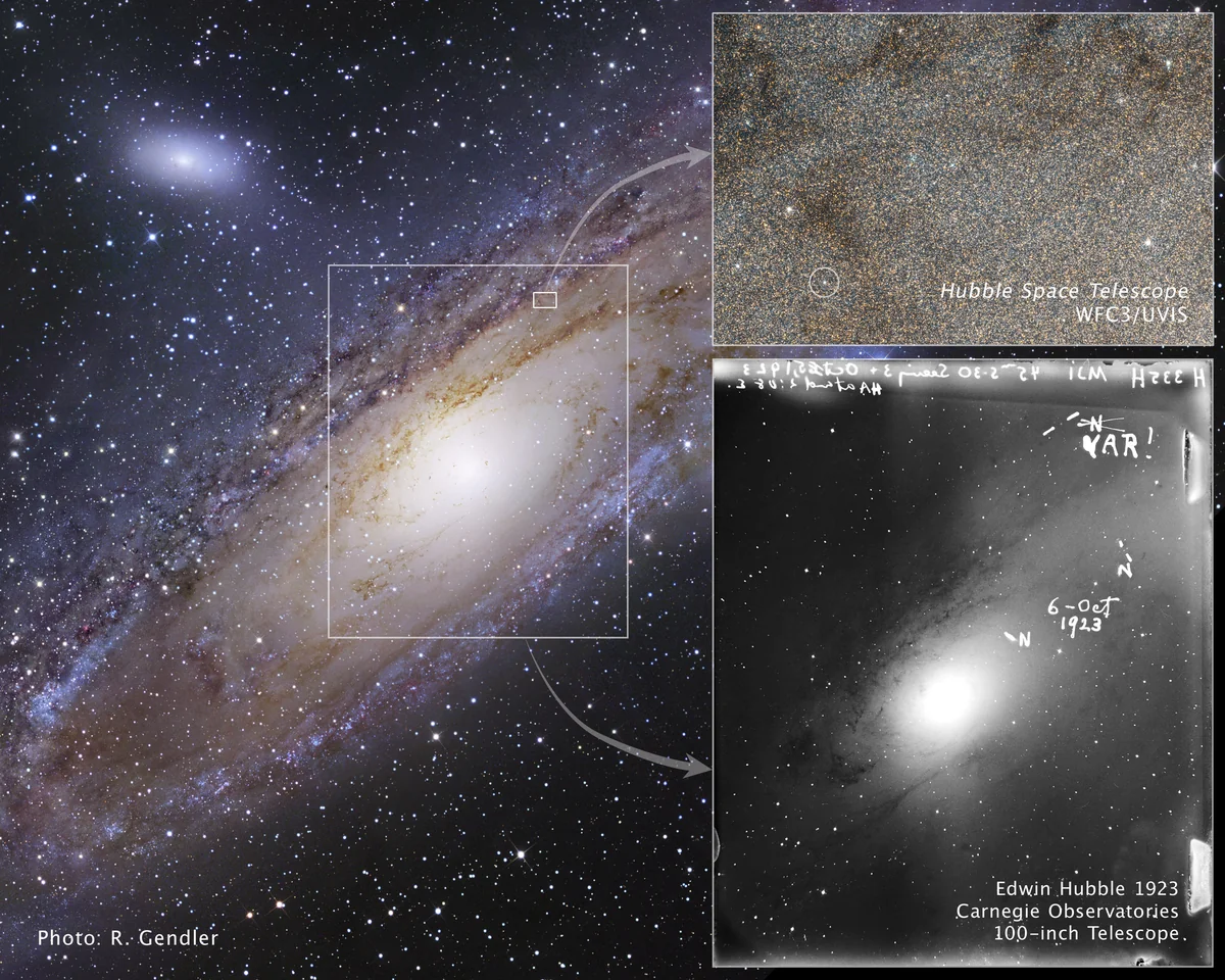 Montagem NASA e ESA: Andrômeda, a chapa H335H de Hubble com a anotação VAR e a estrela V1