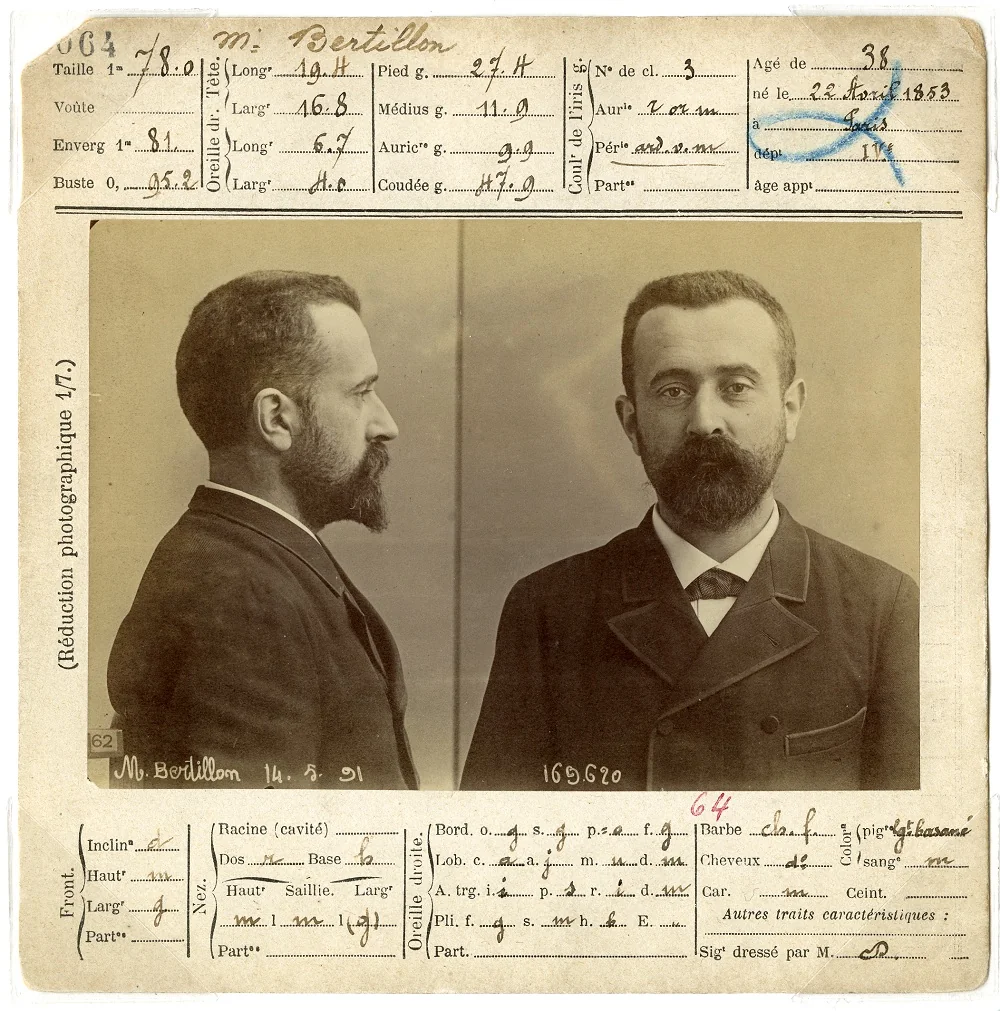 Ficha antropométrica de Alphonse Bertillon, 1891: retratos de perfil e de frente com as medidas