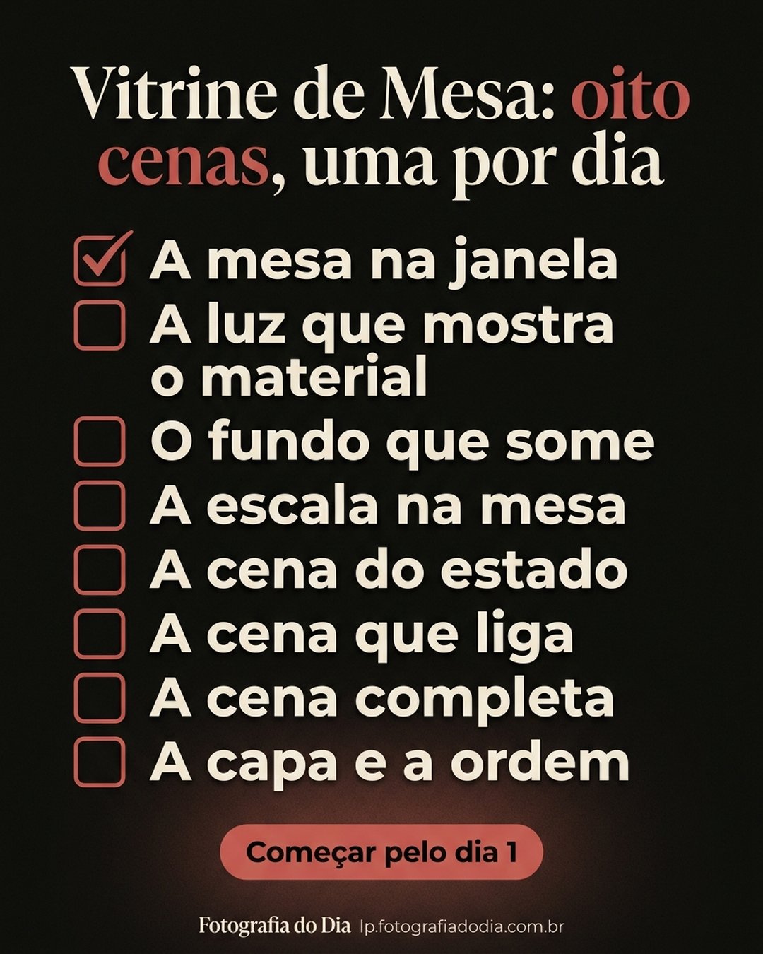 Vitrine de Mesa: oito cenas, uma por dia: A mesa na janela, A luz que mostra o material, O fundo que some, A escala na mesa, A cena do estado, A cena que liga, A cena completa, A capa e a ordem. Começar pelo dia 1.
