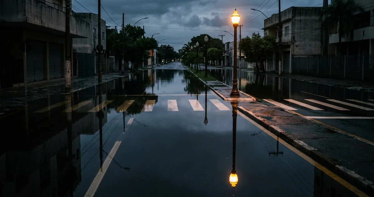 Uma avenida alagada e vazia ao fim da tarde, com a superfície da água parada refletindo um poste aceso e a faixa branca da pista.